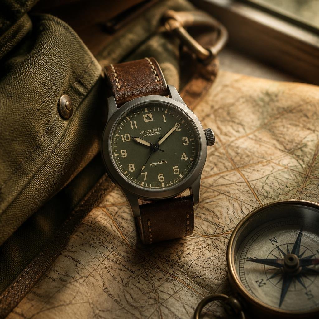 Rugged field watch with leather strap, part of the field watch collection