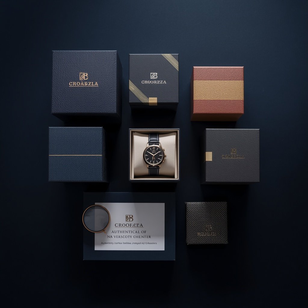 Watch boxes, authenticity card, and loupe representing the Classic Time Watches brand story